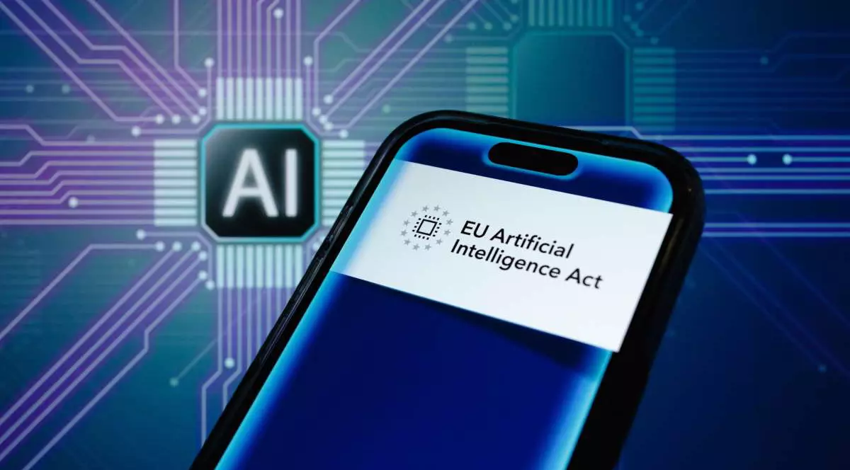 Ecranul lui smartphone pe care apare scris „EU Artificial Intelligence Act”.