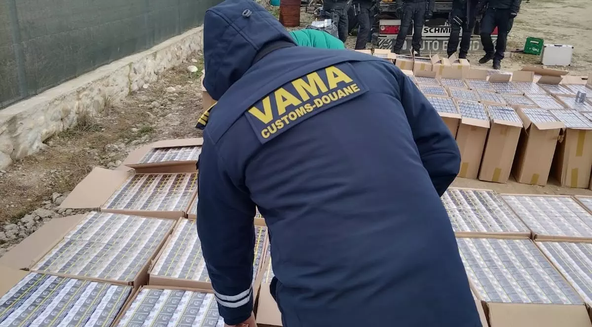 În imagine se observă un lucrător vamal care inspectează mai multe baxuri de țigarete confiscate, dispuse în cutii de carton, în cadrul unei acțiuni de control. Fotografia ilustrează activitatea autorităților vamale de combatere a contrabandei și a traficului ilegal cu produse accizabile.