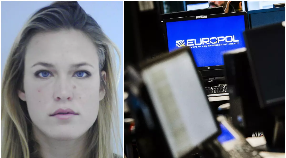 Imaginea este un colaj format din portretul unei femei blonde și cadrul unui ecran de calculator pe care se află sigla agenției Europol.