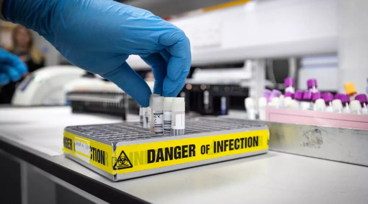 O tavă cu fiole care conțin viruși, în interiorul unui laborator de testare medicală.
