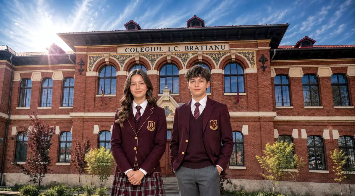 Doi elevi îmbrăcați în uniforme ca în Harry Potter stau în fața Coegiuli „Ion C Brătianu” din Pitești, august 2026