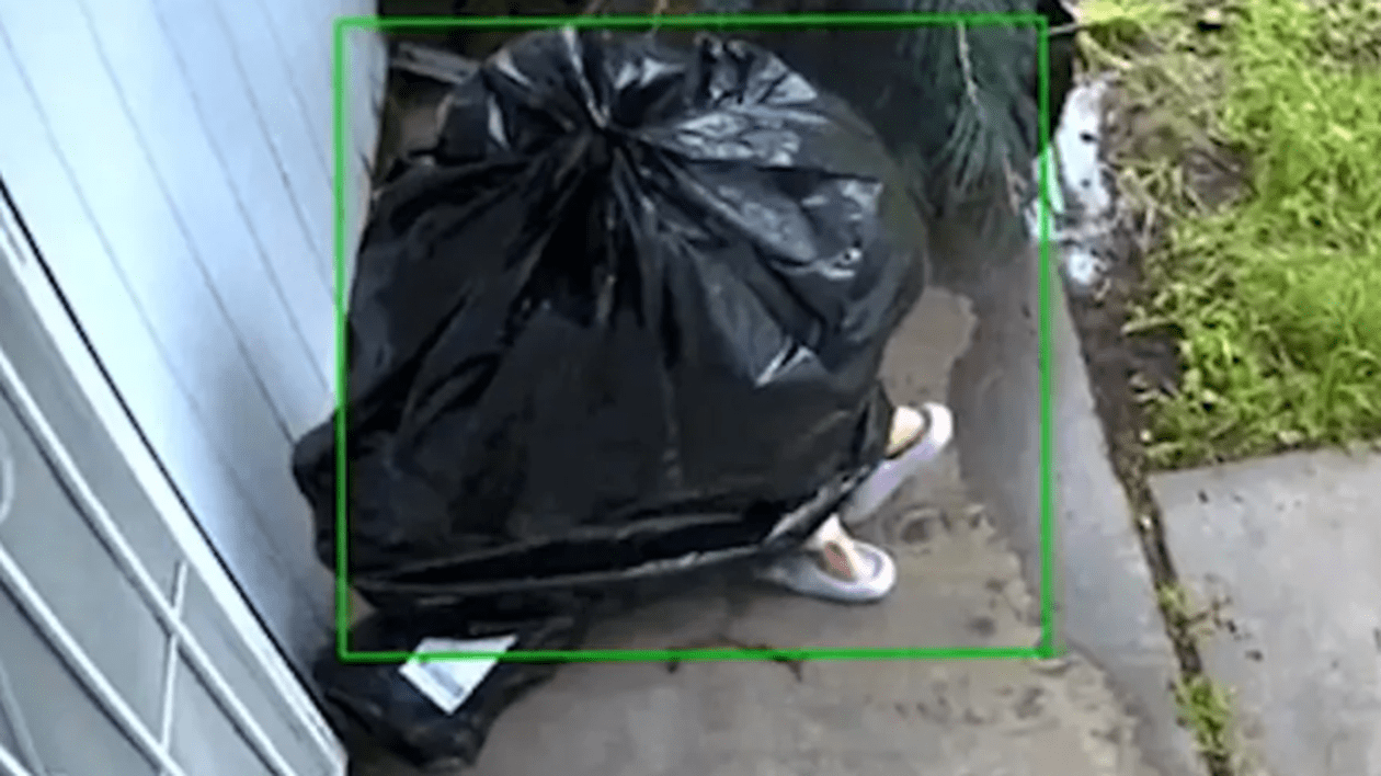 Momentul în care un hoț înfășurat într-un sac de gunoi sustrage un pachet de pe veranda unei case din California. Ce a furat