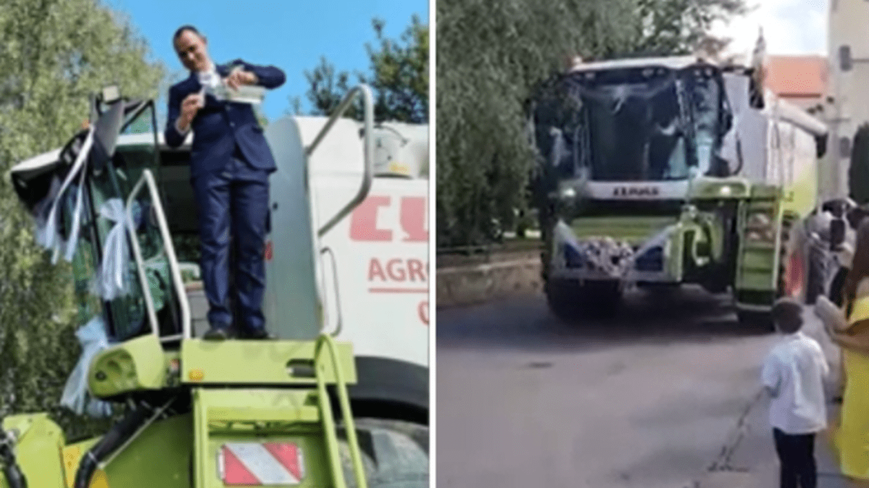 „Cu ea ne câștigăm pâinea”. Un cuplu a venit la nuntă într-o combină, în Slovacia