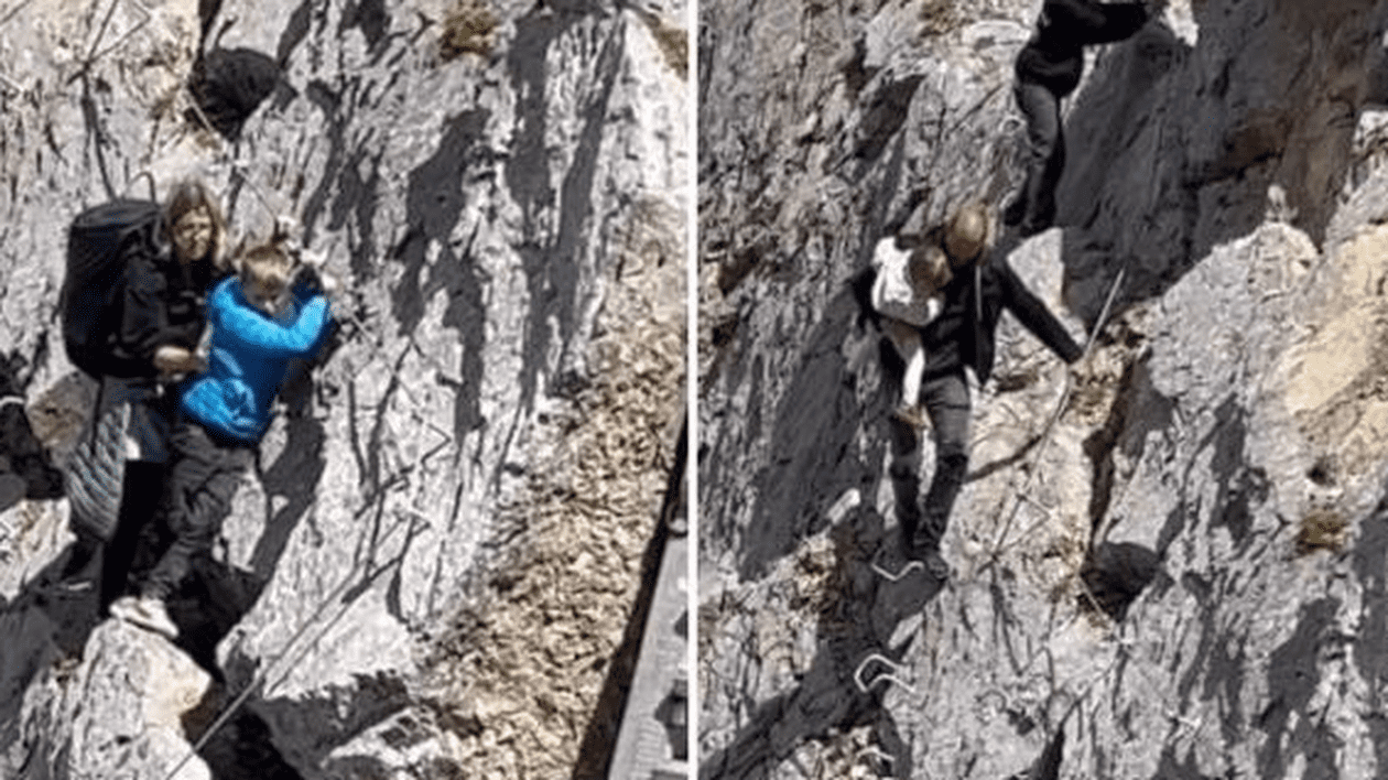 Tată filmat cu bebelușul în brațe, în adidași și fără echipament de siguranță, pe un traseu periculos din Dolomiți, în Italia. Val de indignare pe net | VIDEO