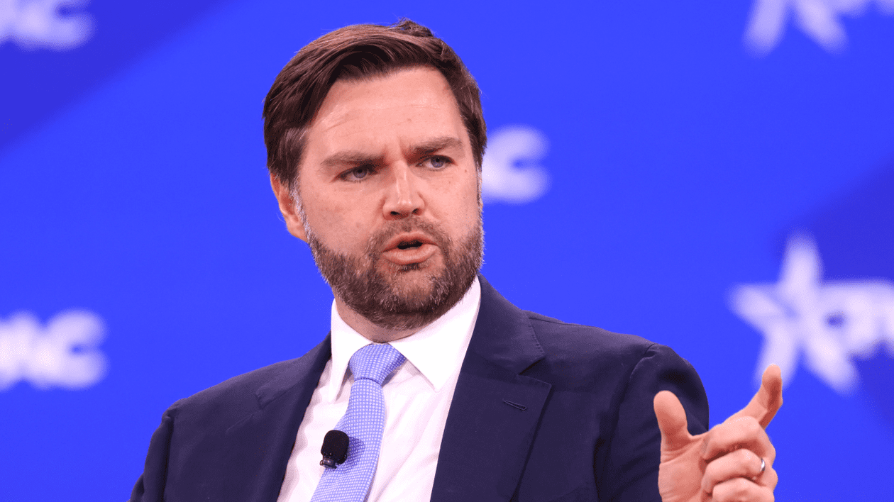 Vicepreședintele american JD Vance arată cu degetele, ca atunci când măsoară ceva