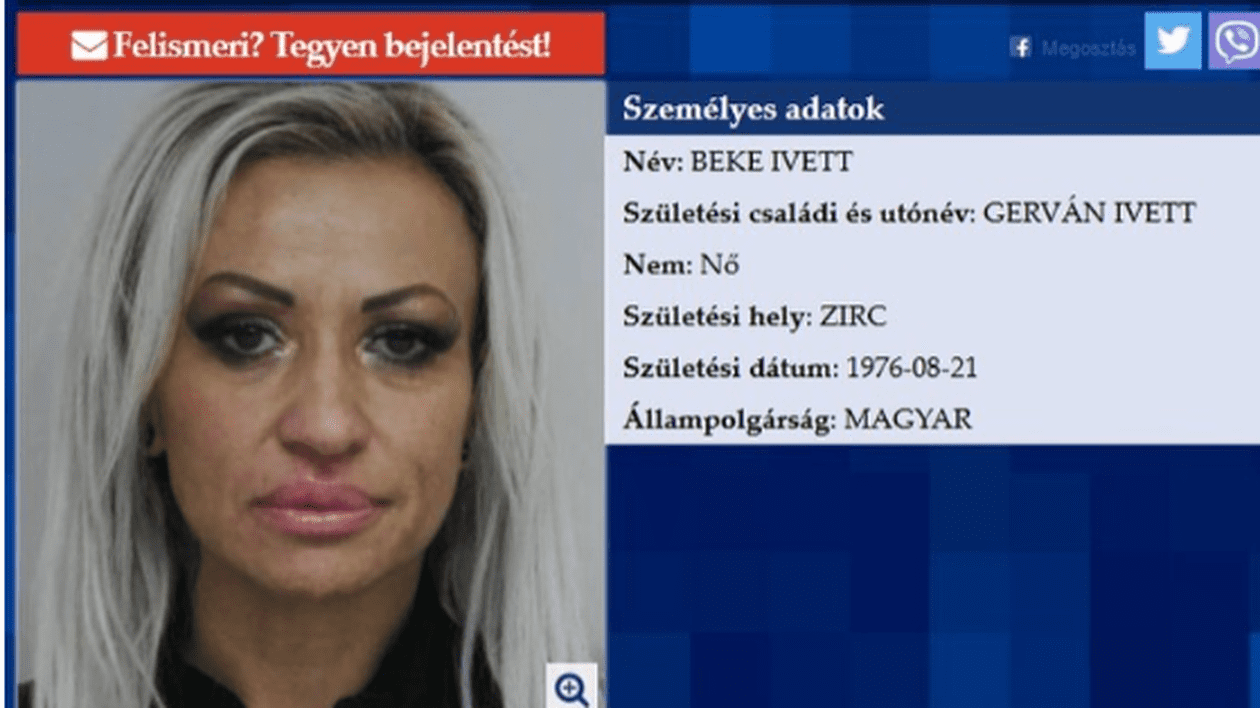 Fotografia fostului model Playboy Ivett Beke, pe site-ul poiliției maghiare, la secțiunea „Persoane căutate”. Foto: Police.hu