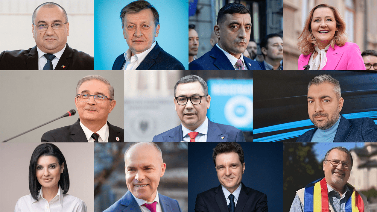 Candidații la alegerile prezidențiale din România, mai 2025: Cristian Terheș, Crin Antonescu, George Simion, Elena Lasconi, Silviu Predoiu, Victor Ponta, Sebastian Popescu, Lavinia Șandru, Daniel Funeriu, Nicușor Dan, John Ion Ban (de la stânga spre dreapta)