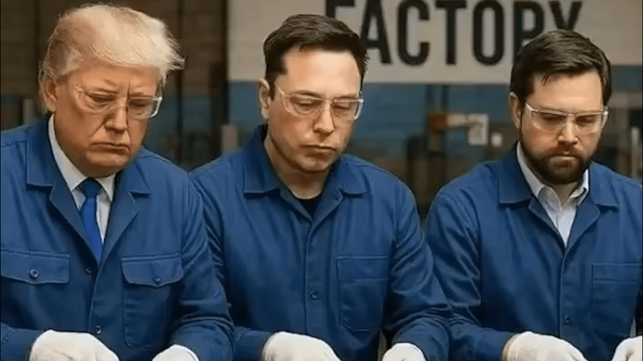 Trump, Musk și JD Vance, ironizați într-un nou clip. Cei trei apar muncind „cot la cot” pe o linie de producție de pantofi sport