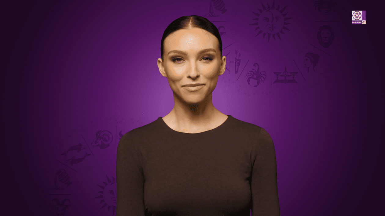 Avatar feminin creat de Inteligenta Artificiala, pe un fundal mov, cu zodii