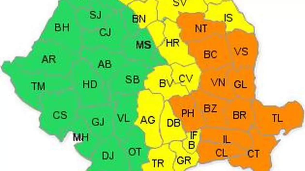 COD PORTOCALIU de ploi în 12 județe, COD GALBEN în alte 14