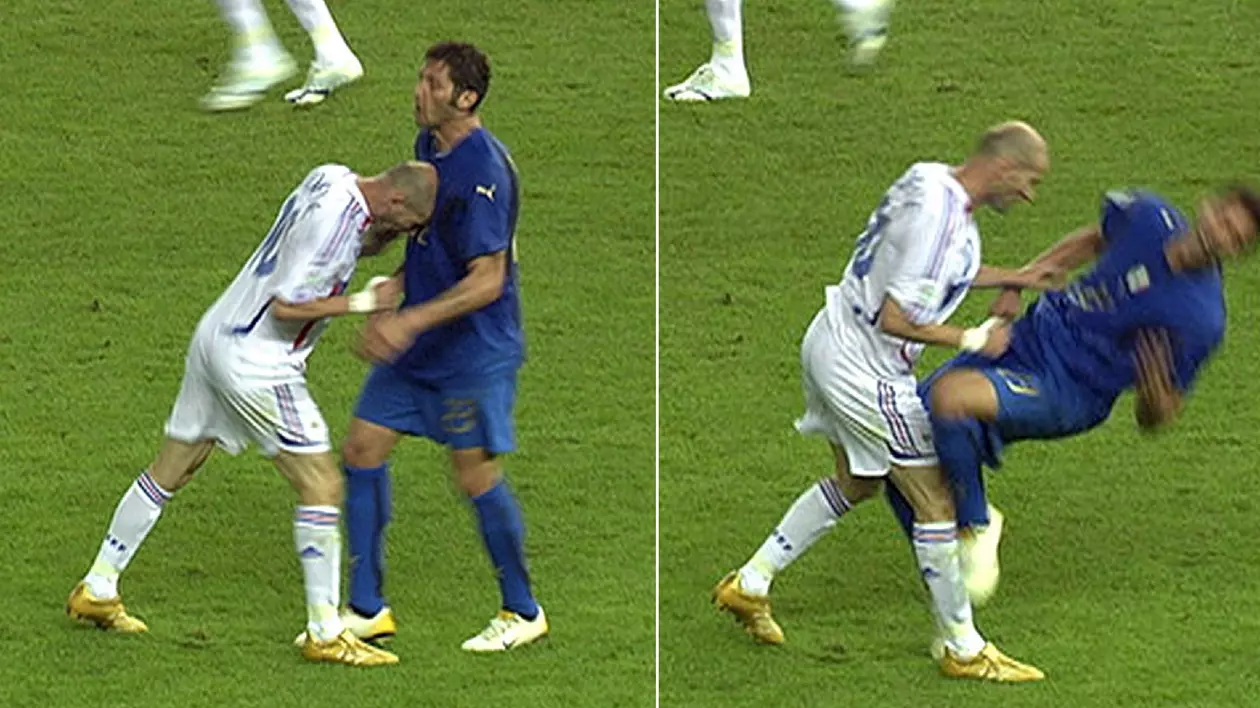 Momentul în care Zinedine Zidane îl lovește cu capul în piept pe Marco Materazzi, urmat de prăbușirea italianului pe gazonul stadionului olimpic din Berlin. FOTO: EPA