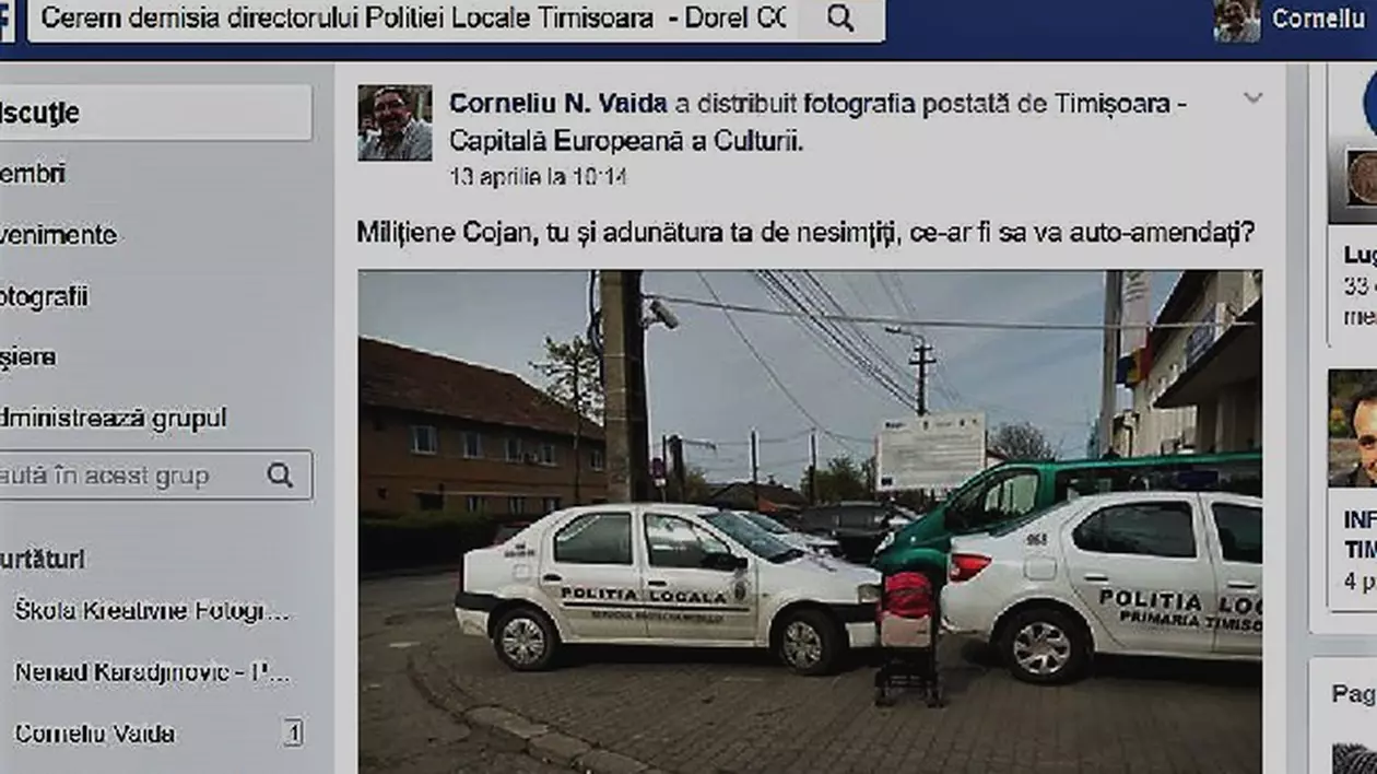 UPDATE: Doi polițiști locali din Timișoara, amendați după ce au blocat trotuarul. Sancțiune și pentru timișoreanul care i-a pozat