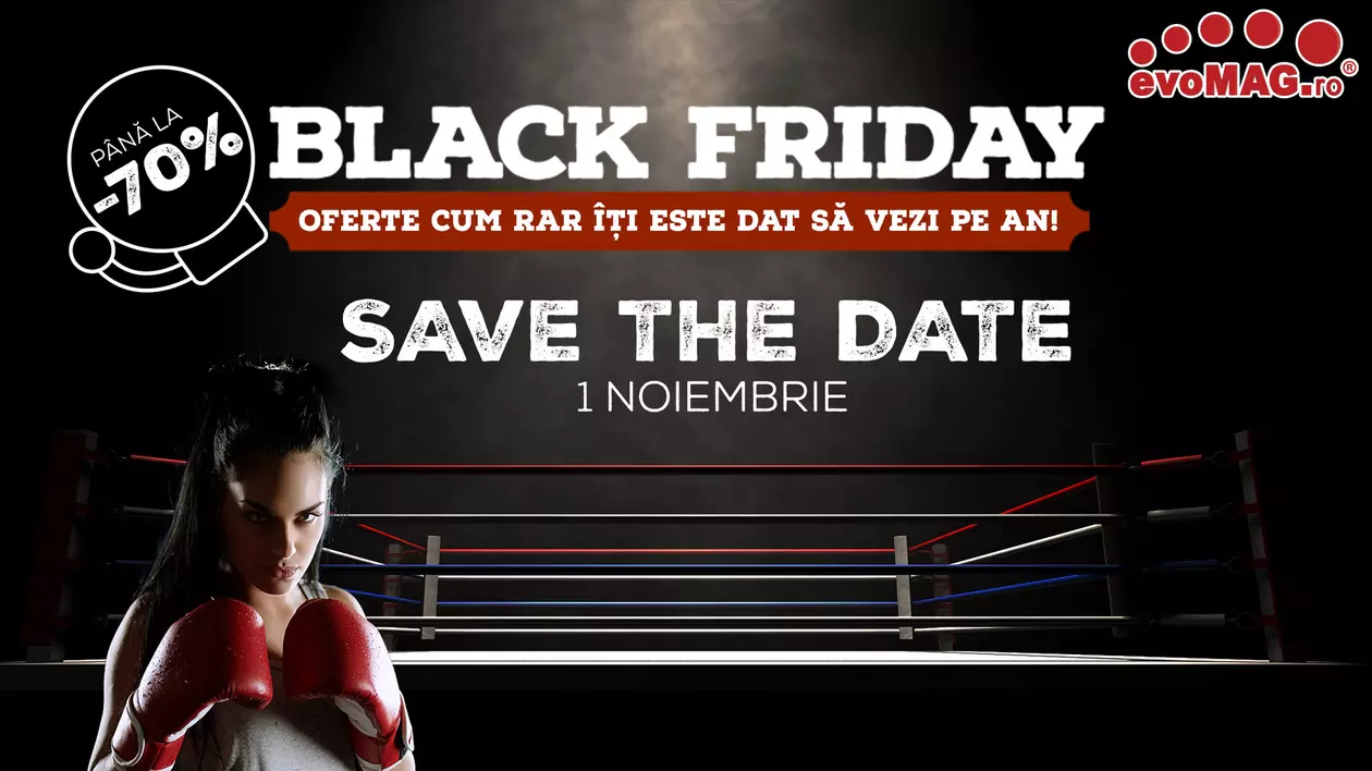 Black Friday la evoMAG. Cele mai mari reduceri. Afiș al evoMAG care anunță cele trei perioade de promoții și reduceri începând cu 1 noiembrie