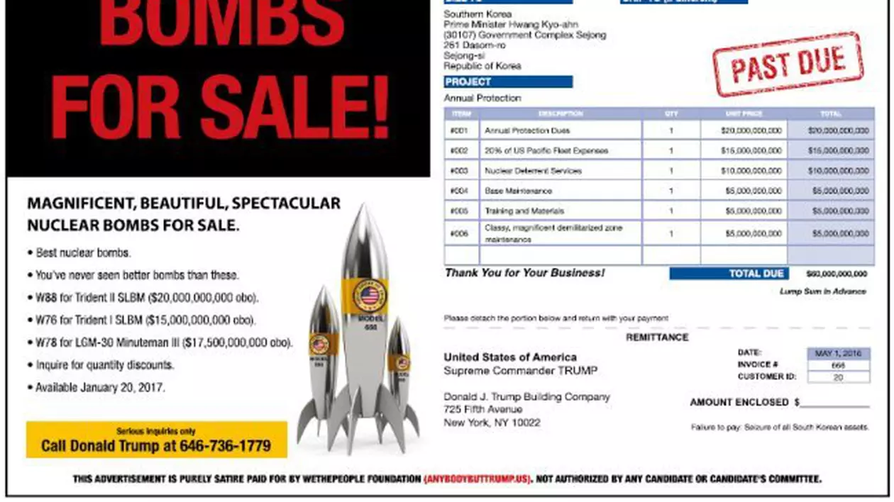 Reclamă de-o pagină în ziar: bombe nucleare ”frumoase, magnifice, spectaculoase”, scoase la vânzare