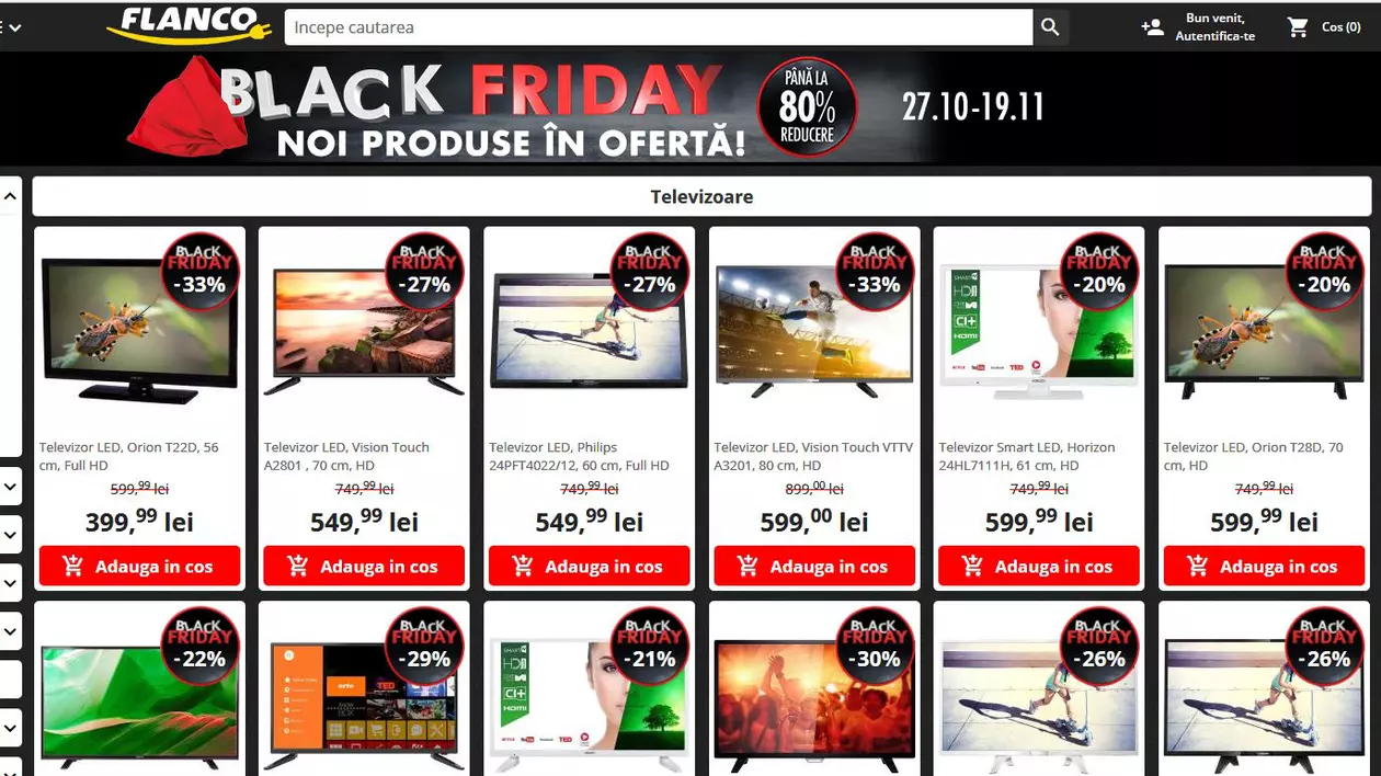 Reducerile Flanco de Black Friday 2017. Cele mai bune oferte. Libertatea a analizat ofertele și arată cele mai bune promoții. Captură de ecran cu ofertele de televizoare