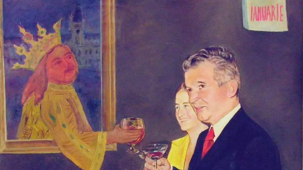 Din categoria ”tablouri omagiale” de 26 ianuarie: Nicolae şi Elena Ceauşescu ciocnesc un pahar cu Ştefan cel Mare