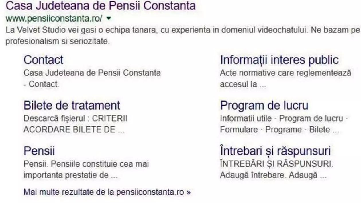 Site-ul Casei Judeţene de Pensii Constanţa e spart de hackeri. Foto de pe google cu site-ul atacat de hackeri al Casei de Pensii din Constanța