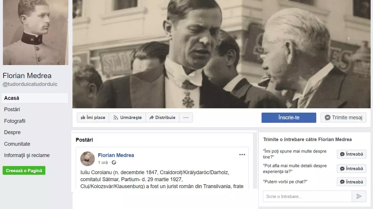 Florian Medrea, eroul care a asigurat ordinea la Marea Unire 1918, are pagină de Facebook şi peste 1000 de fani
