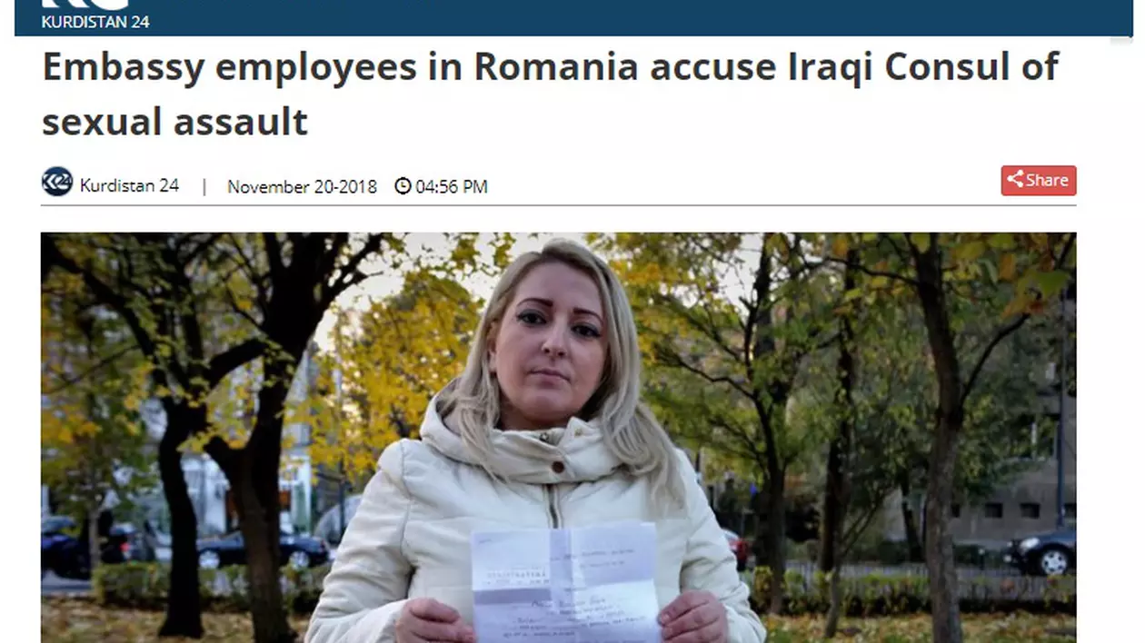 Scandal sexual la Ambasada Irakului din Bucureşti: Acuzaţiile de agresiune şi hărţuire au ajuns în presa din Bagdad