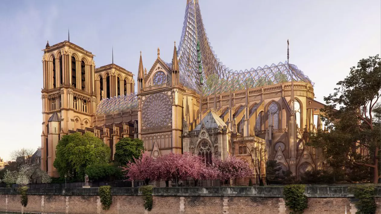 FOTO | Planul unui arhitect vizionar pentru restaurarea Catedralei Notre-Dame: O grădină de meditație și o fermă pe acoperișul clădirii la adăpostul unui dom din sticlă