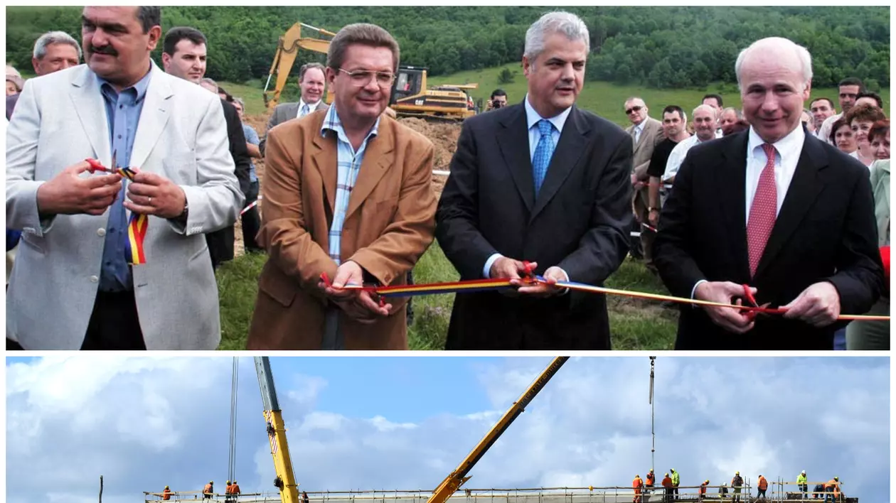 Autostrada Transilvania nu este gata nici la 15 ani de la demararea lucrărilor. Premierul Adrian Năstase la inaugurarea lucrărilor, în 16 iunie 2004. Miistrul Transporturilor Răzvan Cuc la o inspecție pe șantierul Autostrăzii Transilvania în 2019 (jos)