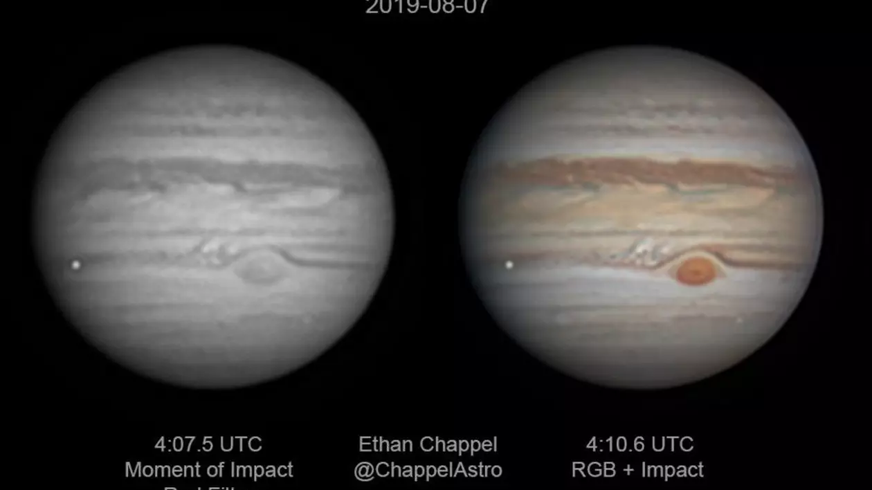 Un astronom amator a surprins întâmplător un moment rar pe Jupiter. Un meteorit a explodat cu puterea a peste 240.000 de tone de explozibil