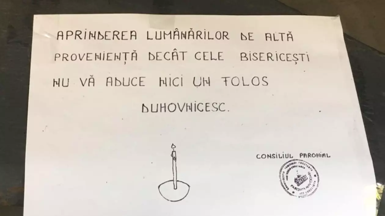 Afiș la o biserică din Năvodari: ”Lumânările de altă proveniență nu vă aduc niciun folos duhovnicesc”. Reacția Arhiepiscopiei: ”Să-L procurăm pe Hristos de la El acasă, nu de la mall”