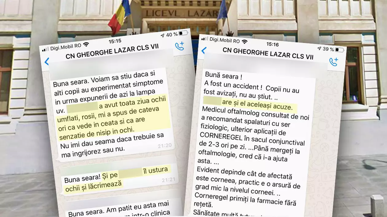 Mai mulți elevi de la Liceul Gheorghe Lazăr se plâng de probleme cu ochii, după ce au fost uitați în clasă cu lampa UV aprinsă. Reacția directoarei