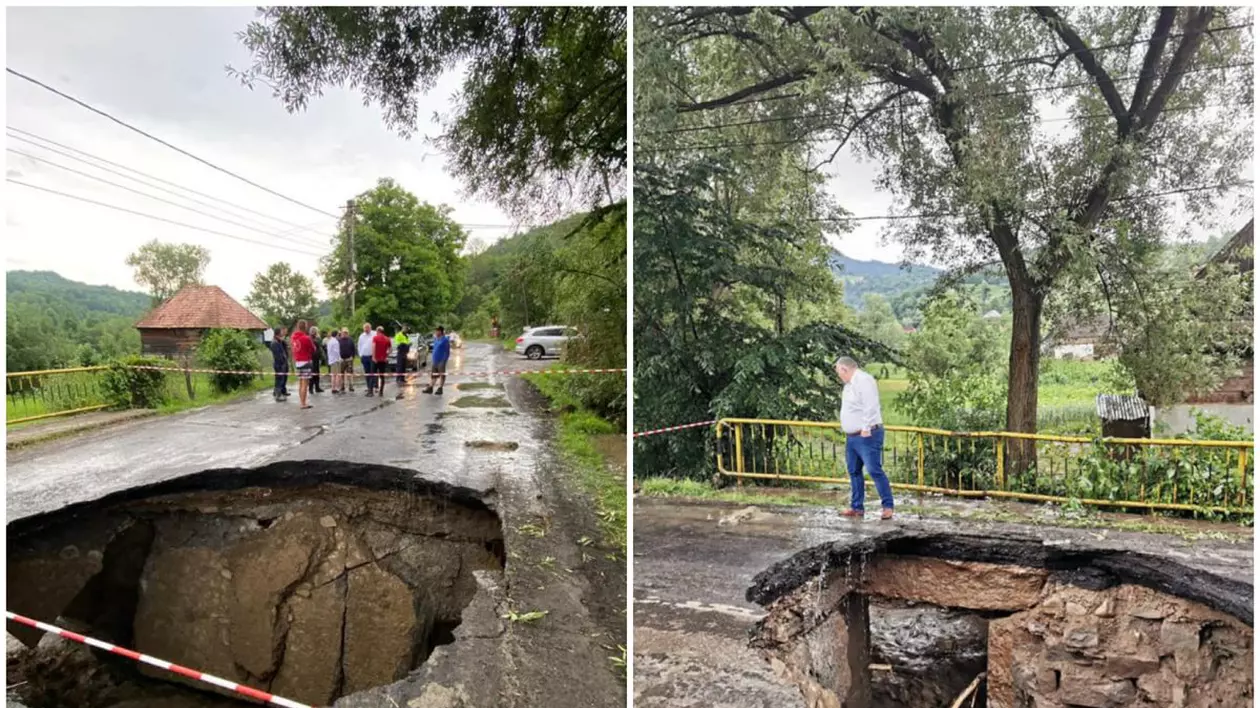 Crater uriaș pe un drum național în Maramureș, din cauza unui podeţ rupt de aluviuni