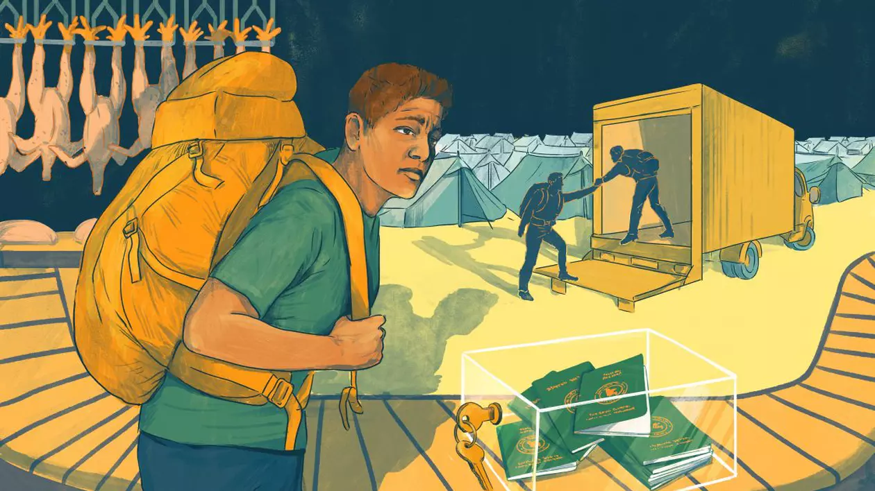 Fuga unui imigrant. Ilustrație de Roma Gavrilă