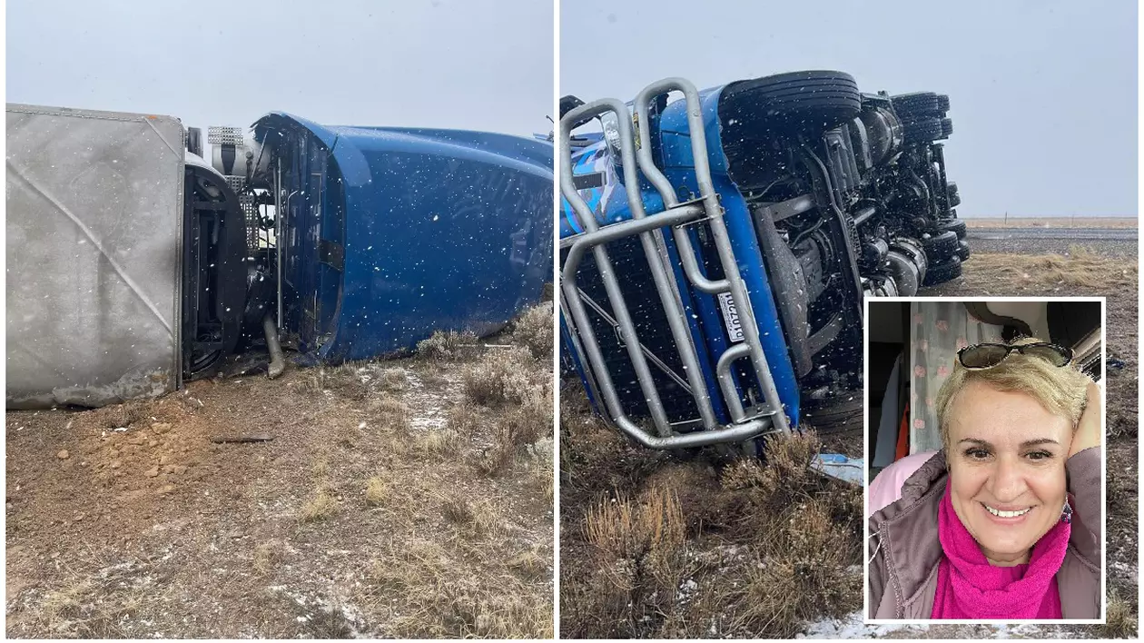 Șoferiță româncă de TIR răsturnată de vânt pe șosea, în munții de lângă Las Vegas
