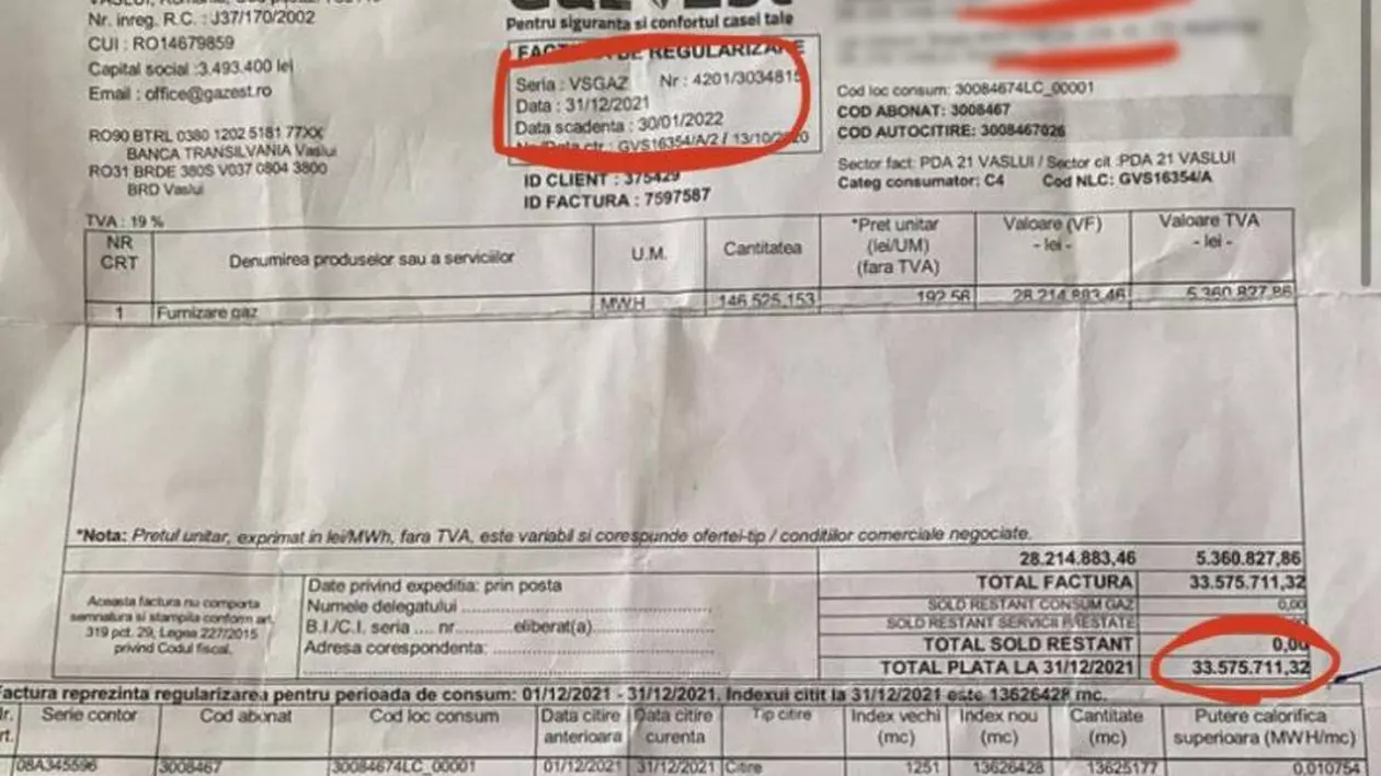 Factură la gaze de aproape 7 milioane de euro primită de o femeie de 70 de ani din Vaslui