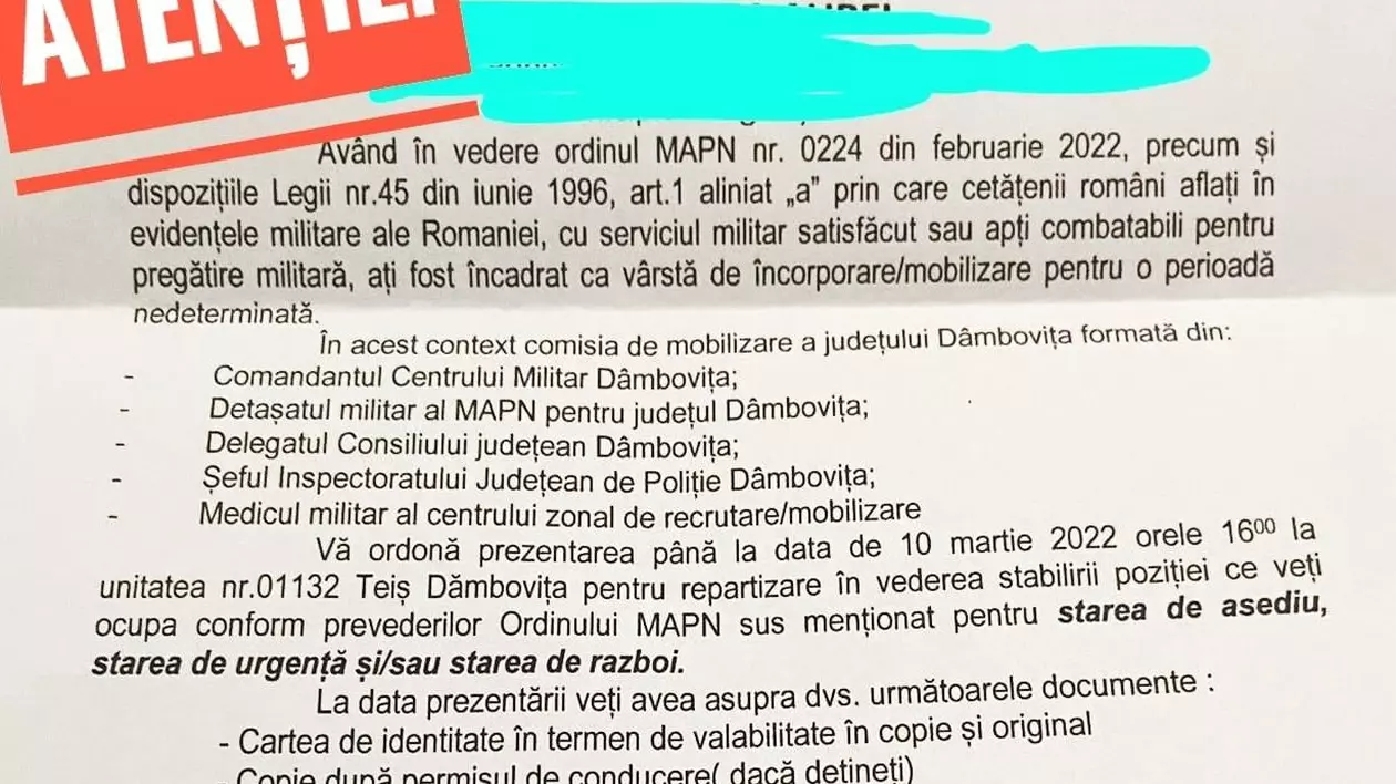 Ministerul Apărării, precizări în cazul ordinelor de mobilizare primite de mai mulți români: Sunt false, vor să inducă panică!