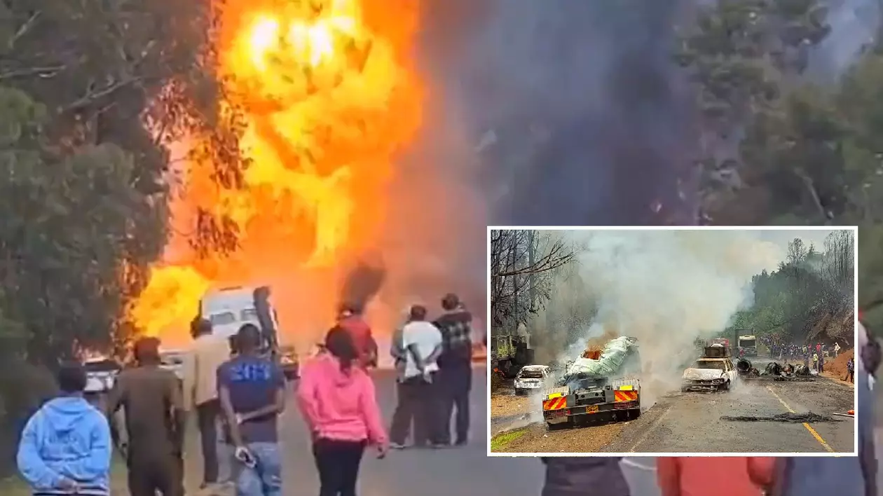 VIDEO | Flăcări până la cer pe șosea, o remorcă cu butelii a explodat, patru mașini care circulau pe lângă ea s-au făcut scrum, lângă Nairobi