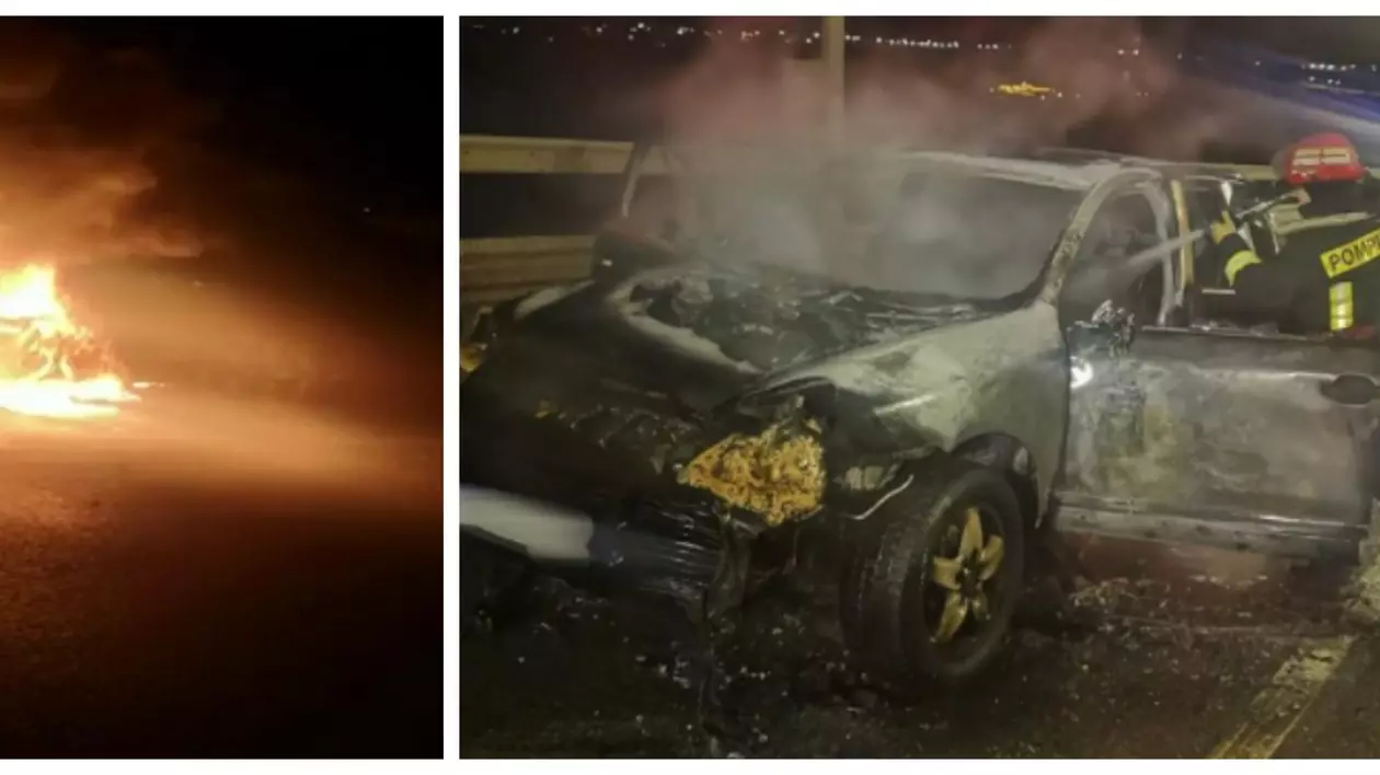 O maşină a fost cuprinsă de flăcări, pe o șosea din Suceava, din cauza unui scurtcircuit