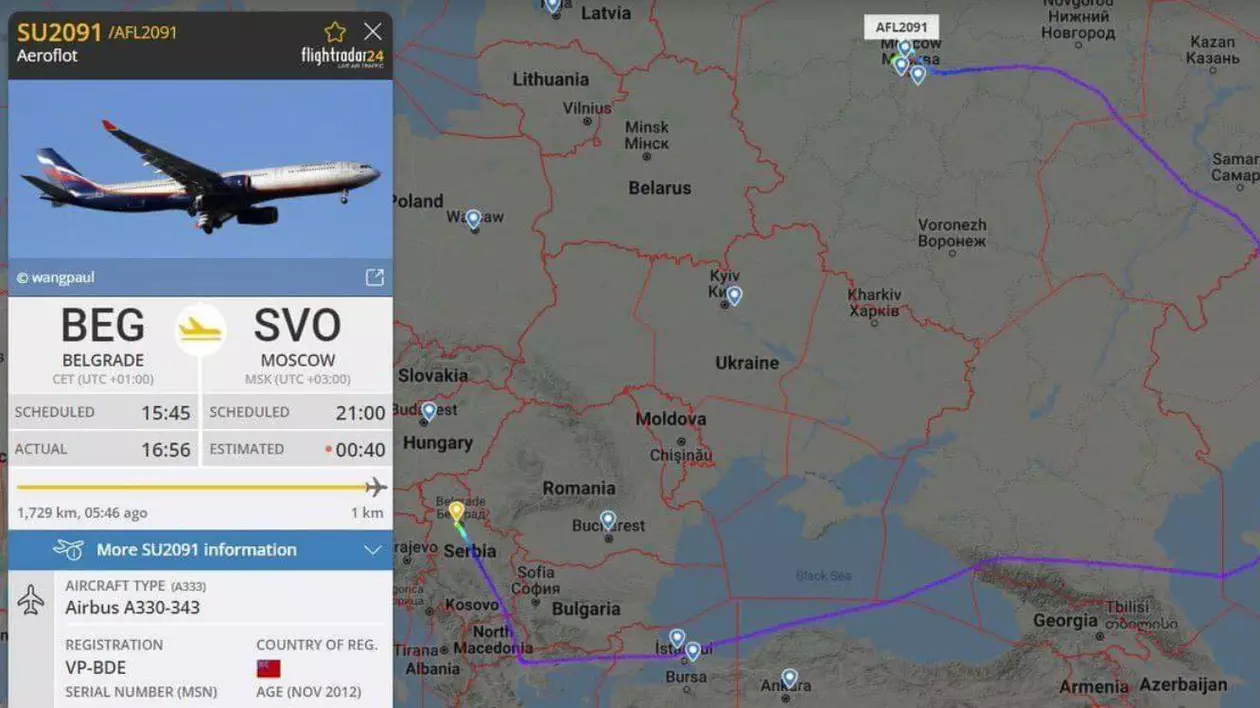 Zborul Belgrad-Moscova, de trei ori mai lung. Traseul urmat de un avion civil rus după interdicția pusă de România