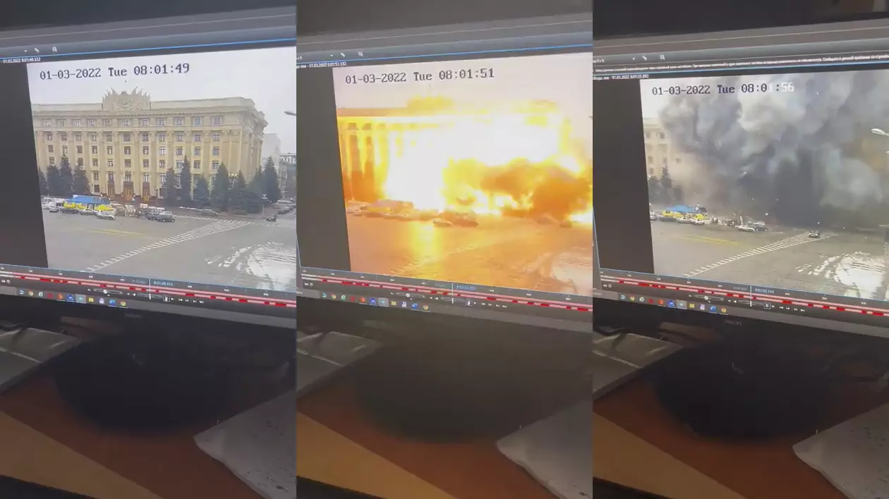 VIDEO | Momentul în care rachetele ruse lovesc o clădire guvernamentală din Harkov