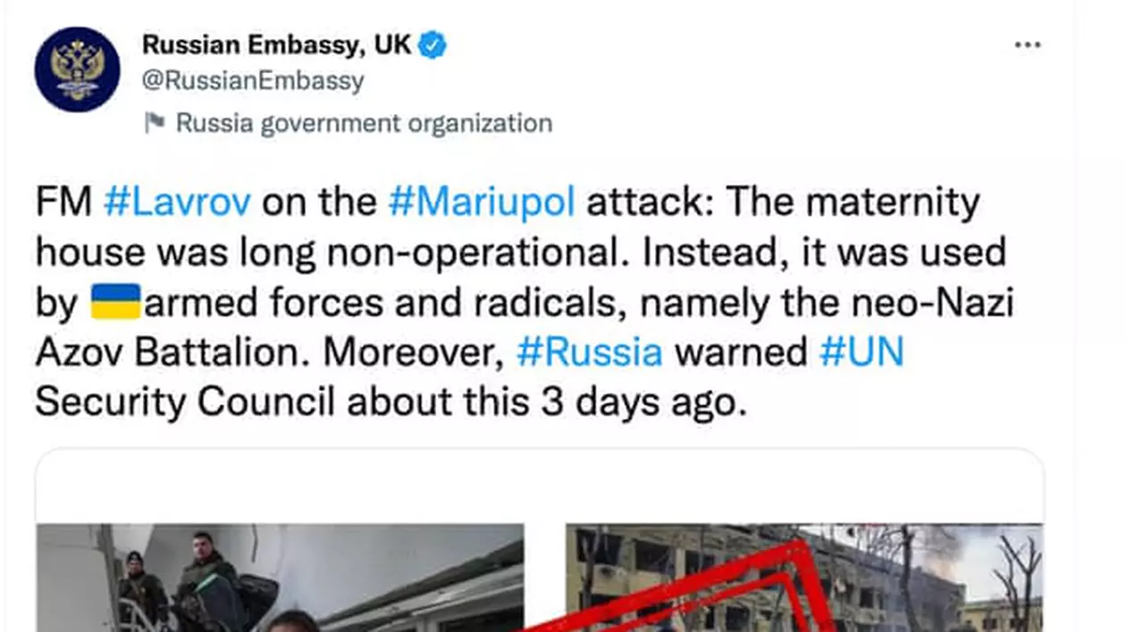 Twitter a eliminat o postare a Ambasadei Rusiei la Londra care susținea că atacul asupra maternității din Mariupol a fost înscenat