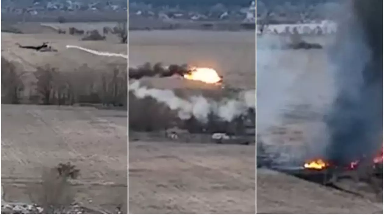 VIDEO | Momentul în care un elicopter rusesc este lovit în plin de o rachetă în Ucraina: „Bine ați venit în iad”