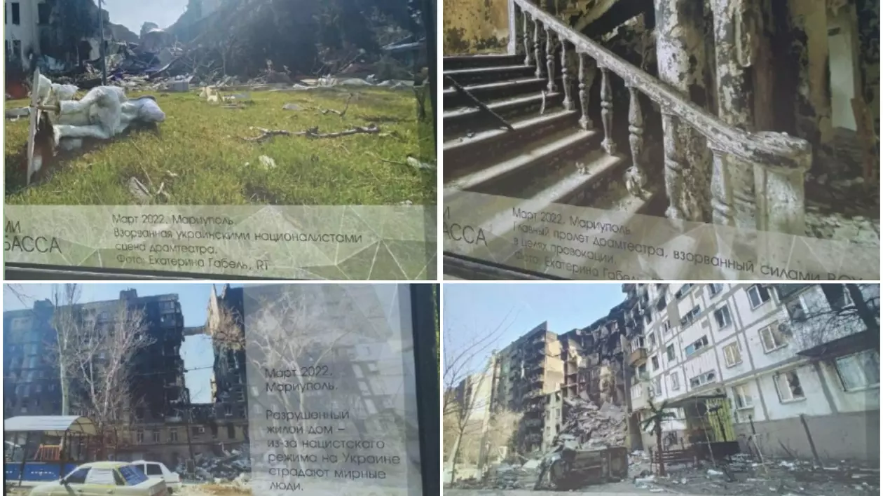 Propaganda rușilor în Crimea. Expoziție foto la Sevastopol: „Teatrul din Mariupol, bombardat de naționaliști ucraineni”