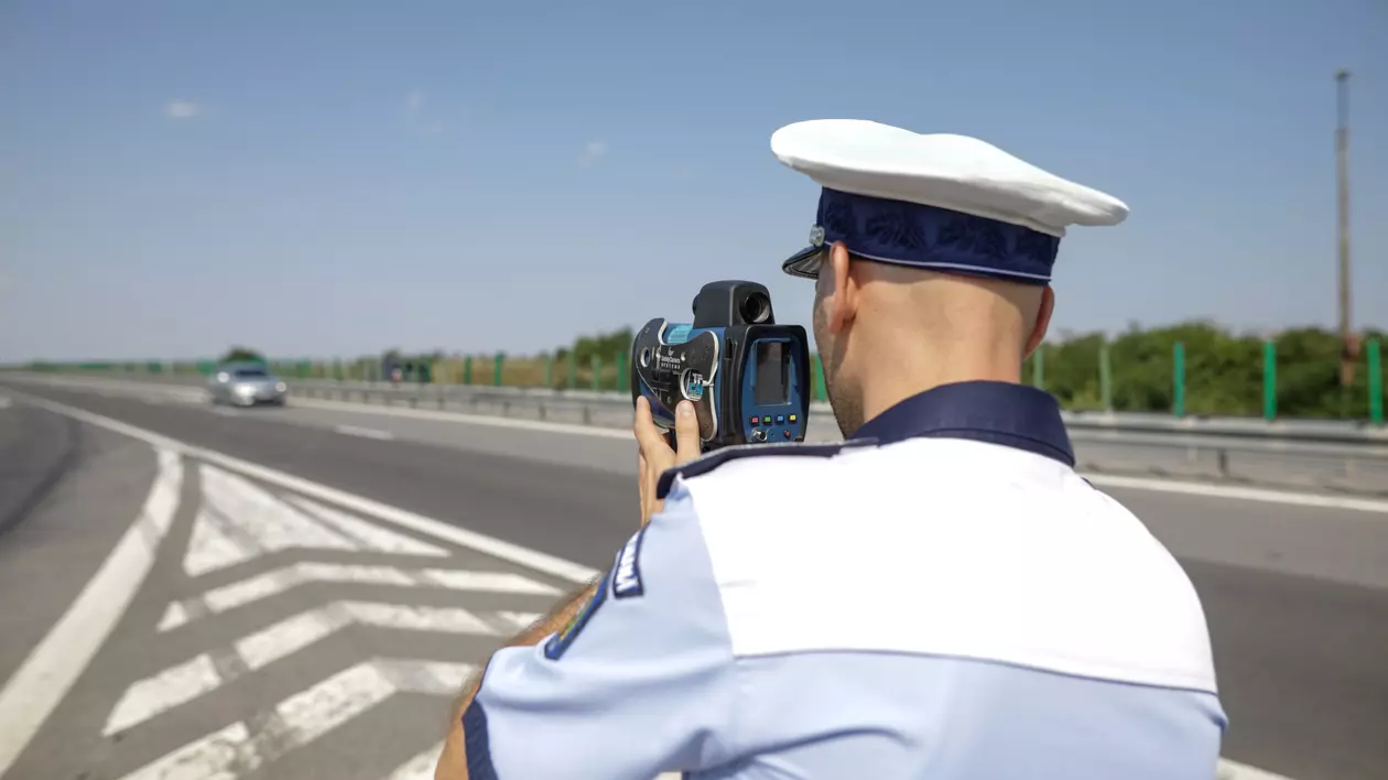 Codul Rutier 2022 – care sunt noile limite de viteză și ce sancțiuni riști dacă le încalci - Poliţist care măsoarea viteza autovehiculelor cu radarul pe o autostradă