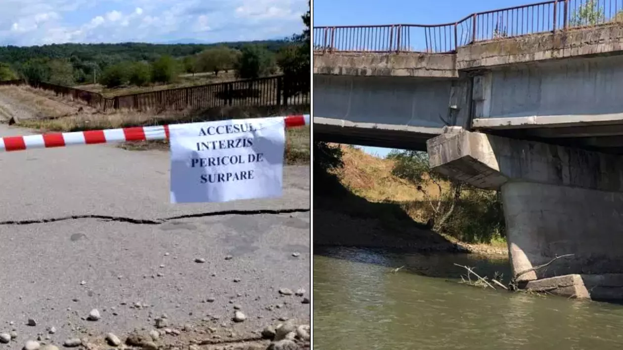 Un pod din Caraș-Severin s-a rupt. Autoritățile au oprit circulația, întreaga structură e în pericol de prăbușire