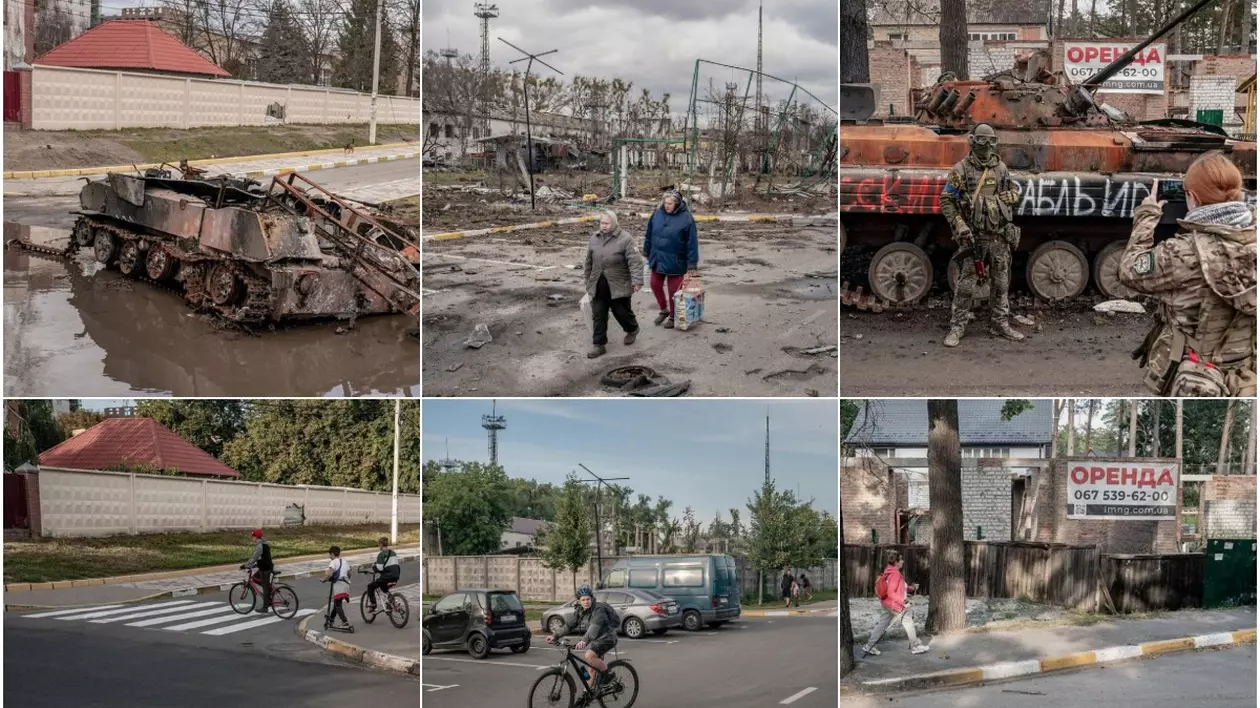 Cum arată Bucha la șase luni după eliberare. Imaginile unui fotoreporter danez, puse față în față: „Totul revine la viață”