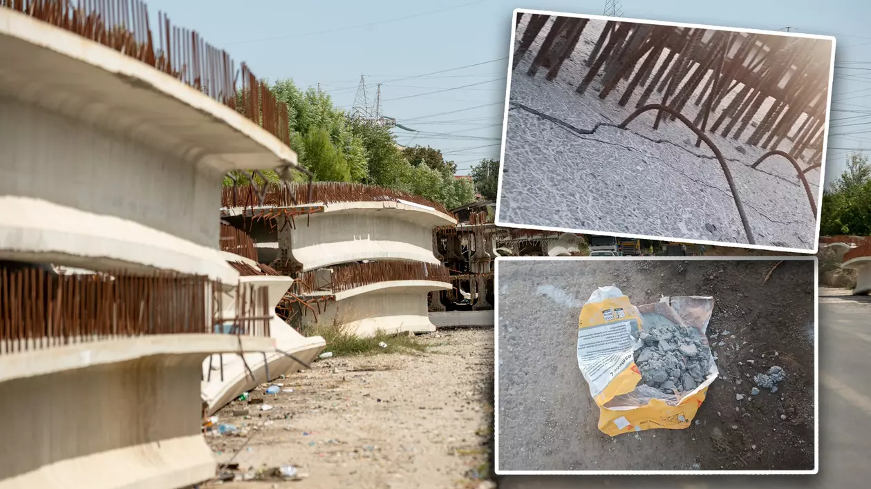 Grinzile pentru podul către A2 lăsate pe câmp de compania primarului Negoiță, pregătite să fie montate: Mortar prin crăpături și rugină scoasă cu peria de sârmă
