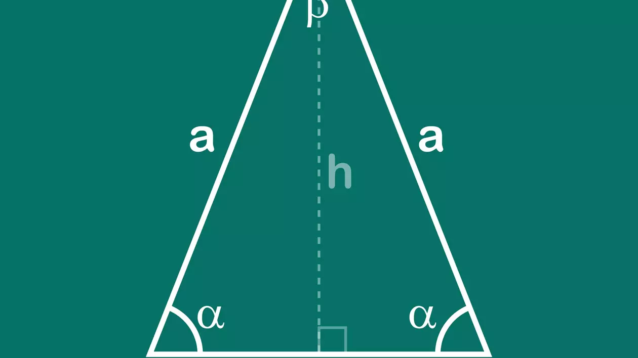 Ce este aria triunghiului isoscel și cum se calculează - Imagine cu elementele unui triunghi isoscel, laturi, înălţime, unghiuri.