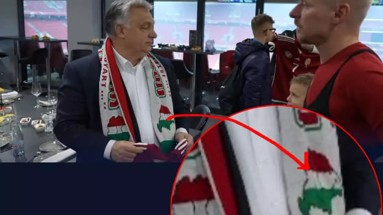 Viktor Orban a purtat la un meci al naționalei maghiare de fotbal un fular cu harta Ungariei Mari, care include o parte din Transilvania