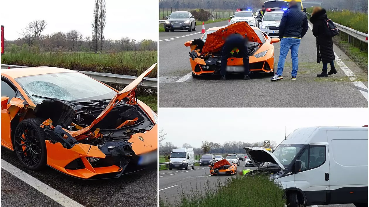 Lamborghini înmatriculat în România distrus pe o autostradă din Ungaria, într-o cursă ilegală cu mașini de lux