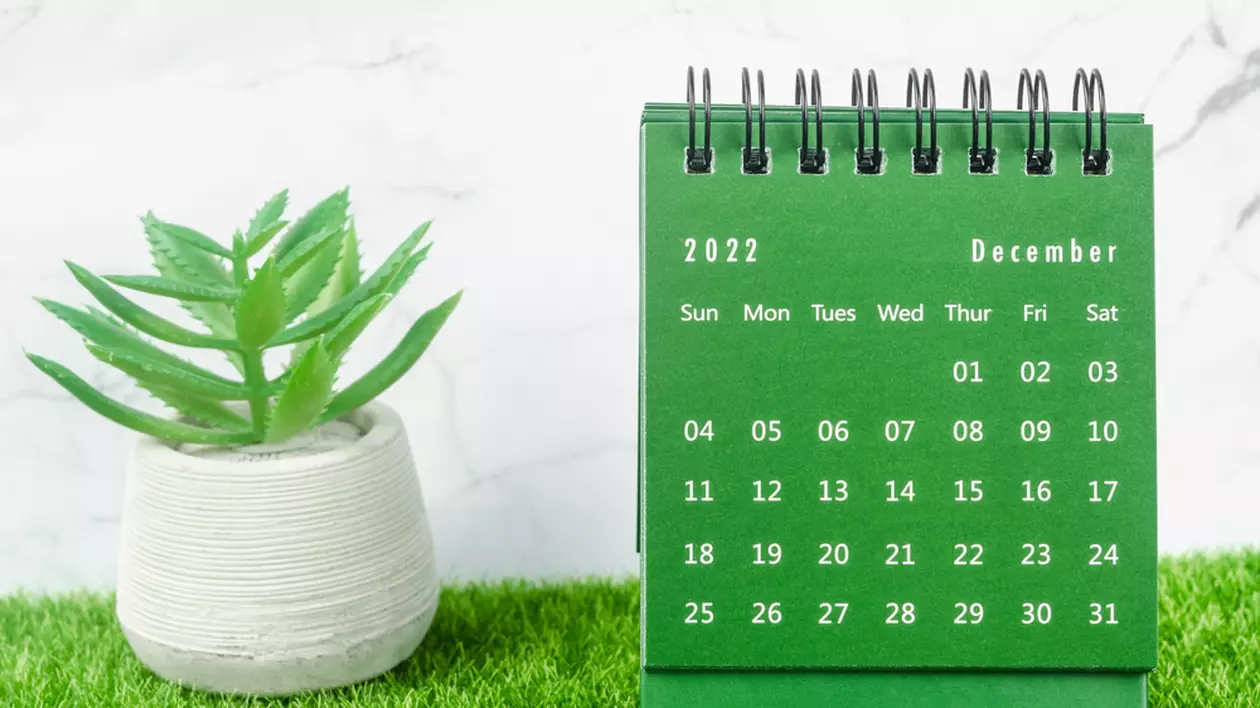 Zile libere în decembrie 2022 - Imagine cu un calendar al lunii decembrie 2022 de culoare verde