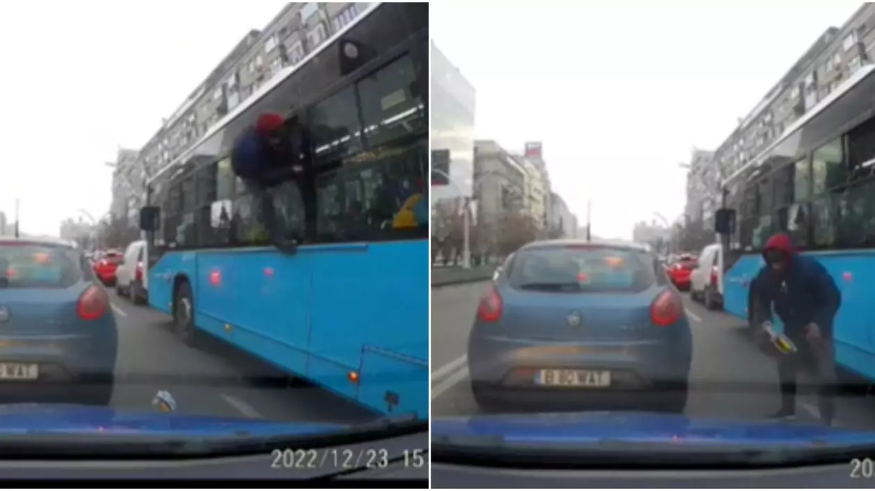 Momentul în care un bărbat sare pe geamul unui autobuz, în centrul Capitalei. Imagini surprinse de un șofer | VIDEO