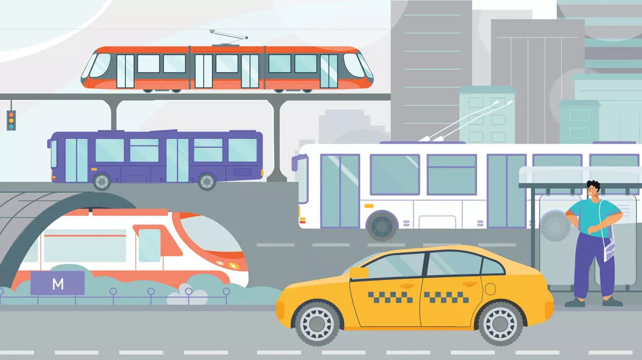 Top 10 oraşe europene cu cel mai bun sistem de transport public - Imagine grafică reprezentând tipurile de transport public, tramvai, metrou, troleibuz, autobuz, taxi